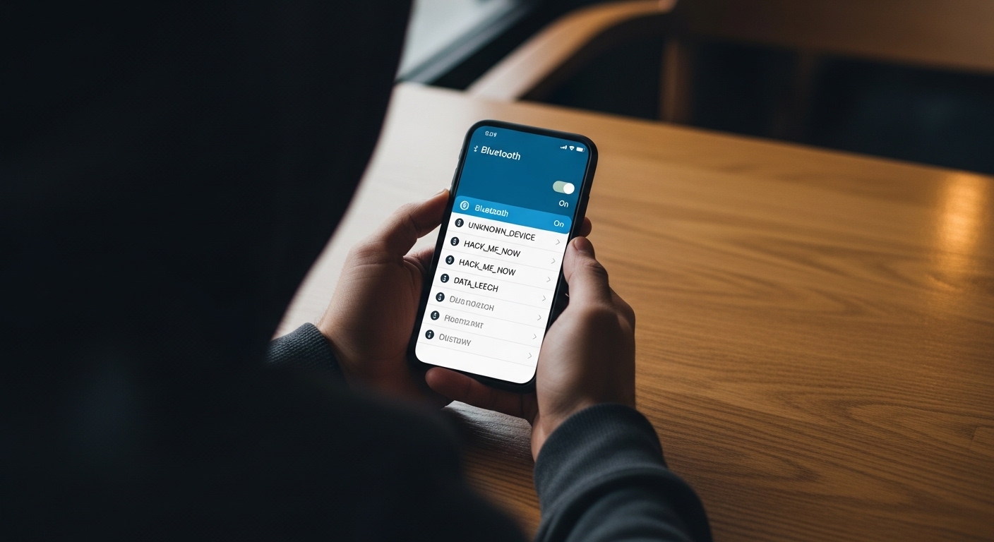 Person in coffee shop with smartphone bluetooth settings screen