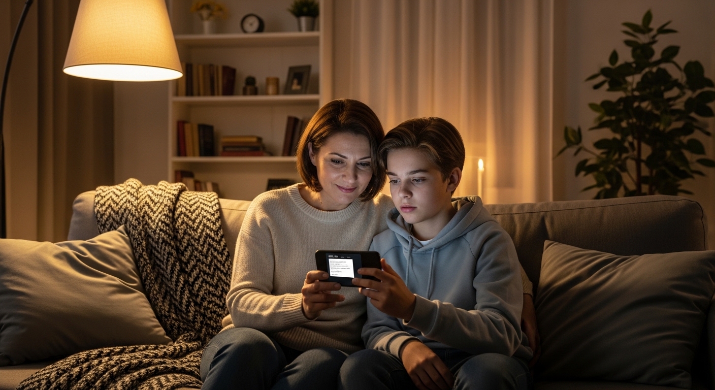 Parent and teenager looking at smartphone together