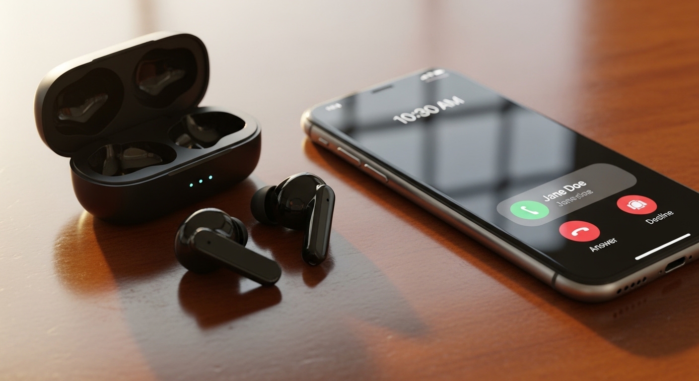Bluetooth earbuds next to smartphone with incoming call