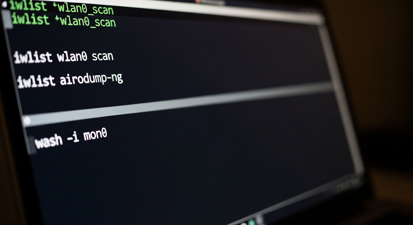 Laptop screen showing terminal with wireless scanning commands