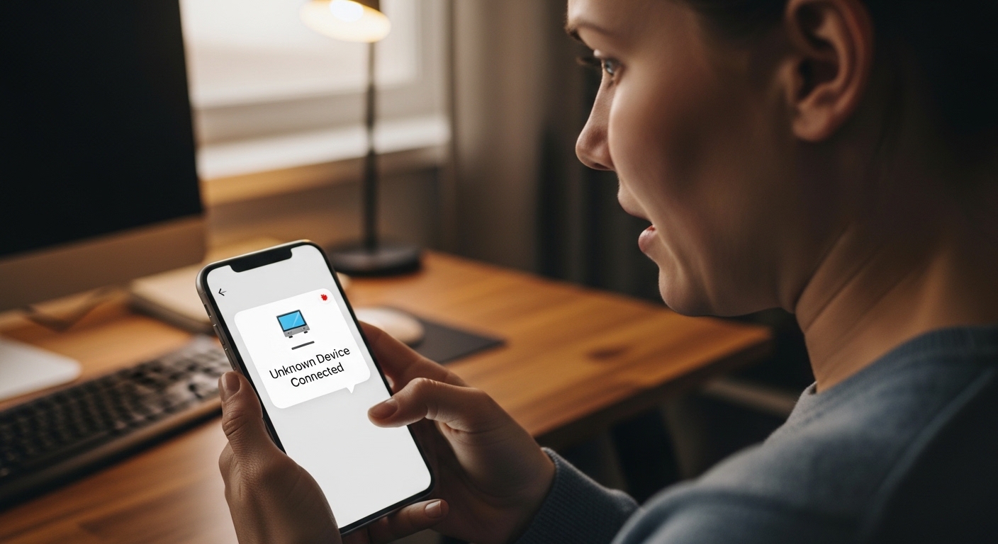 Person looking at smartphone showing unknown device notification