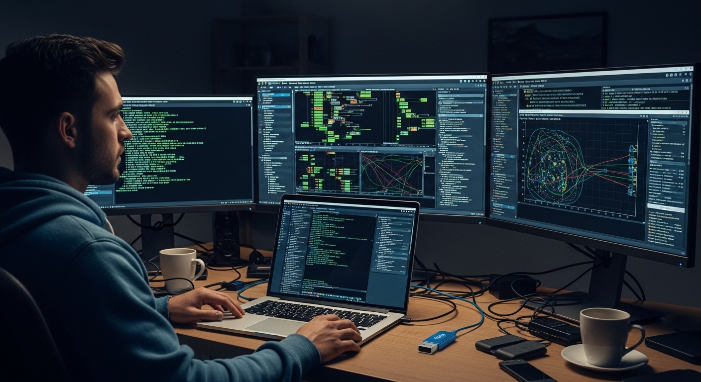 Security researcher with monitors showing bluetooth analysis tools