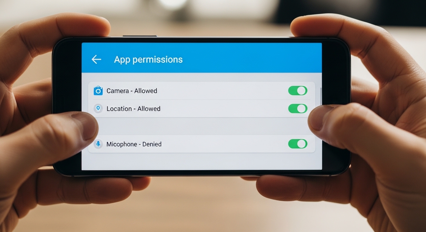 hands holding android phone with settings menu open showing app