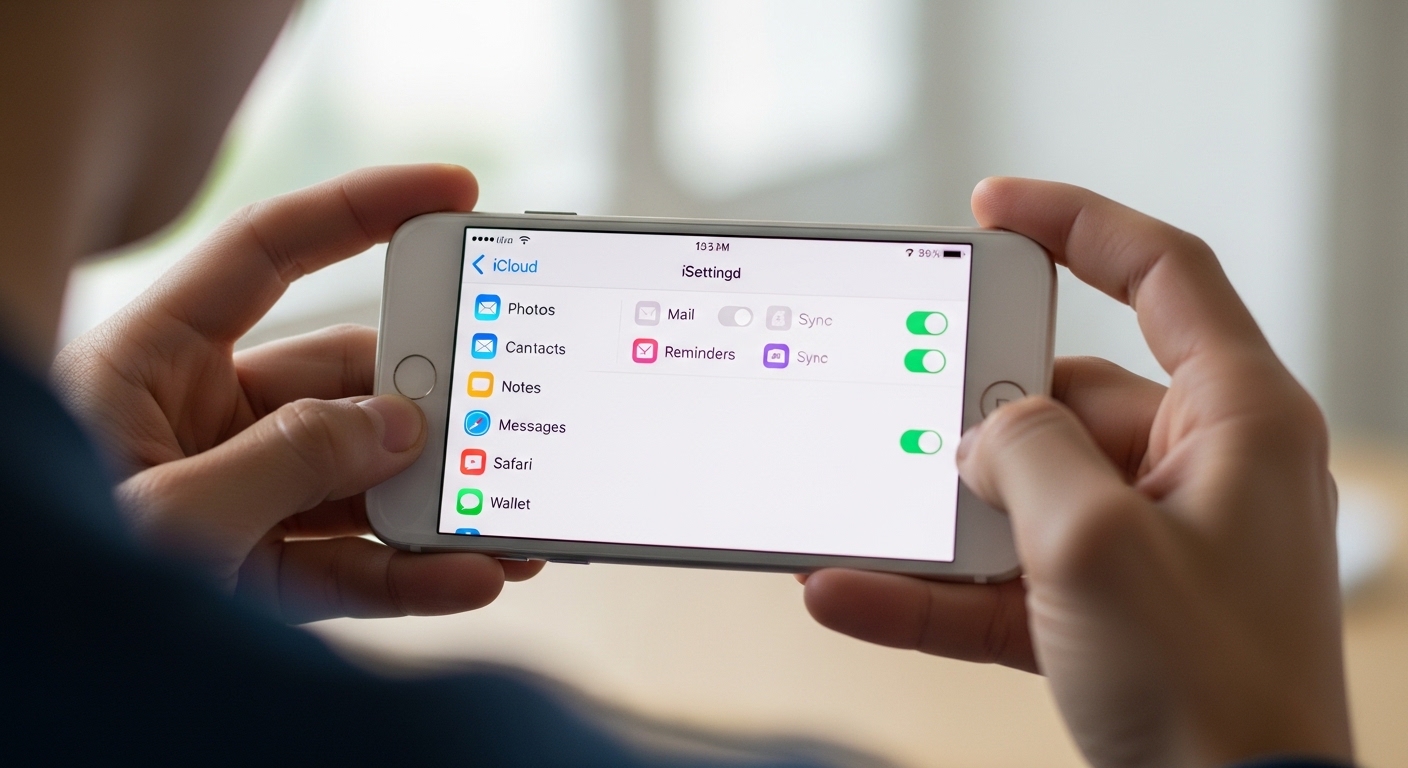 person holding white smartphone showing iCloud settings screen, bright indoor