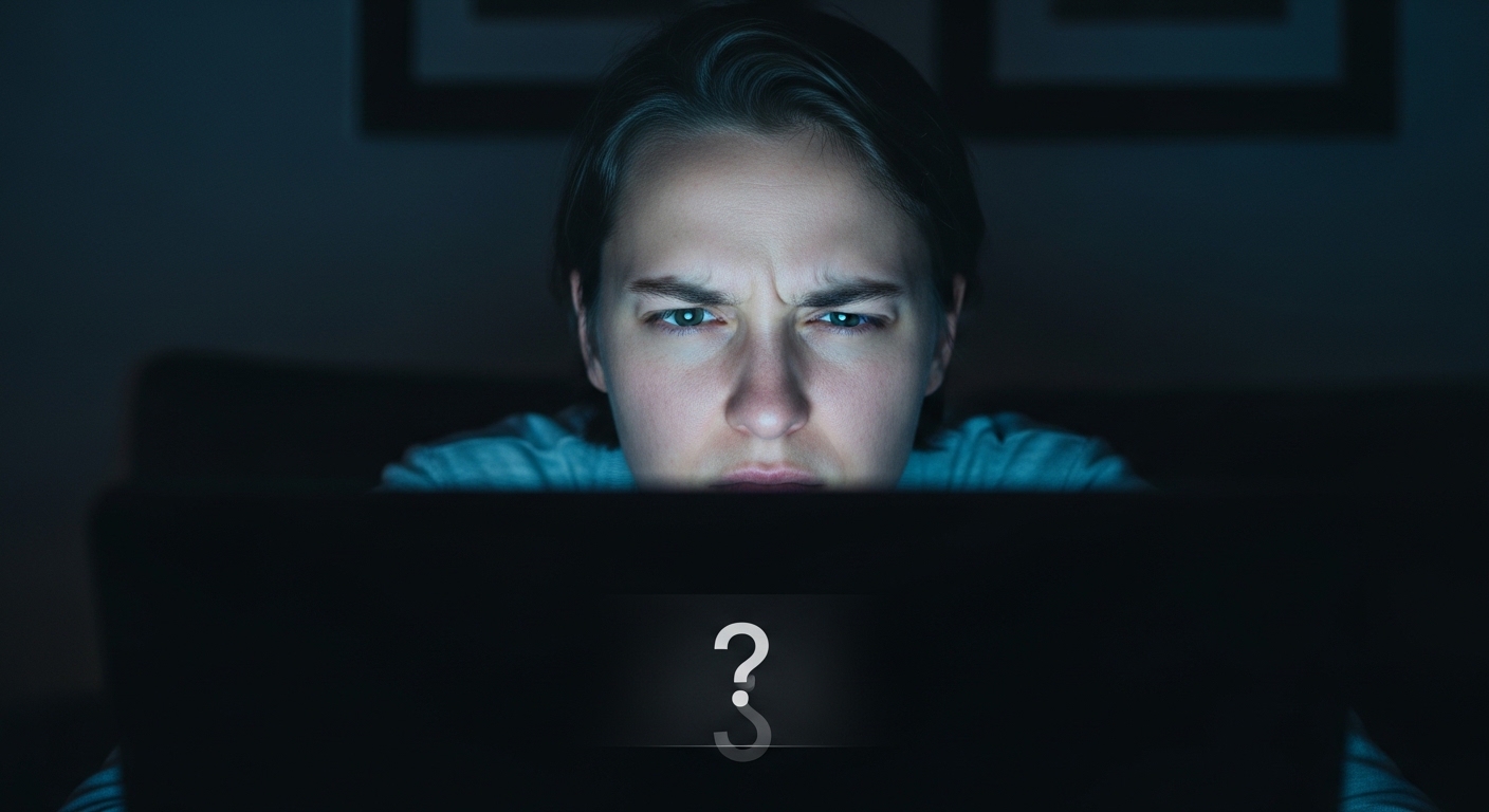 person looking at laptop screen with question mark expression, dimly