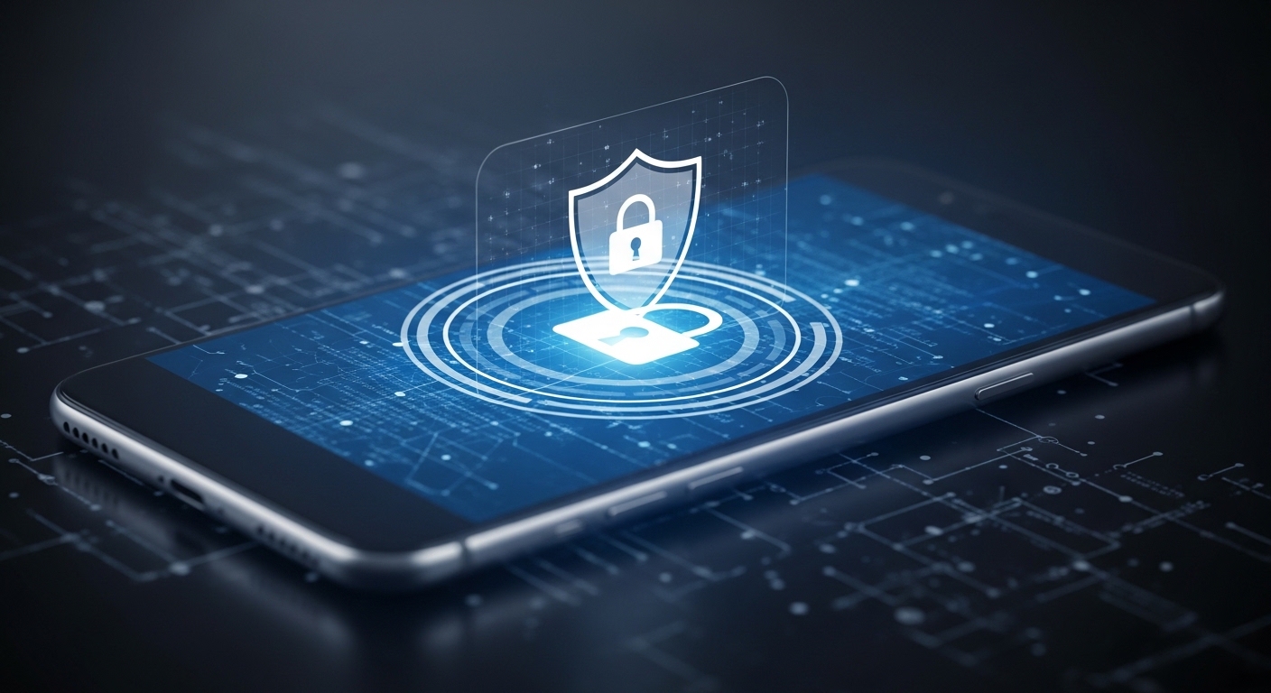 smartphone with digital shield icon overlay and lock symbol, cybersecurity