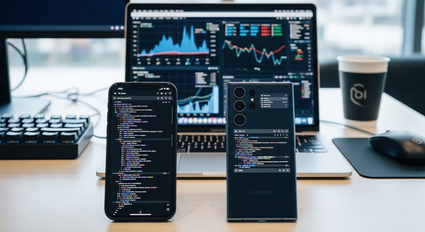 two smartphones side by side on desk with laptop showing