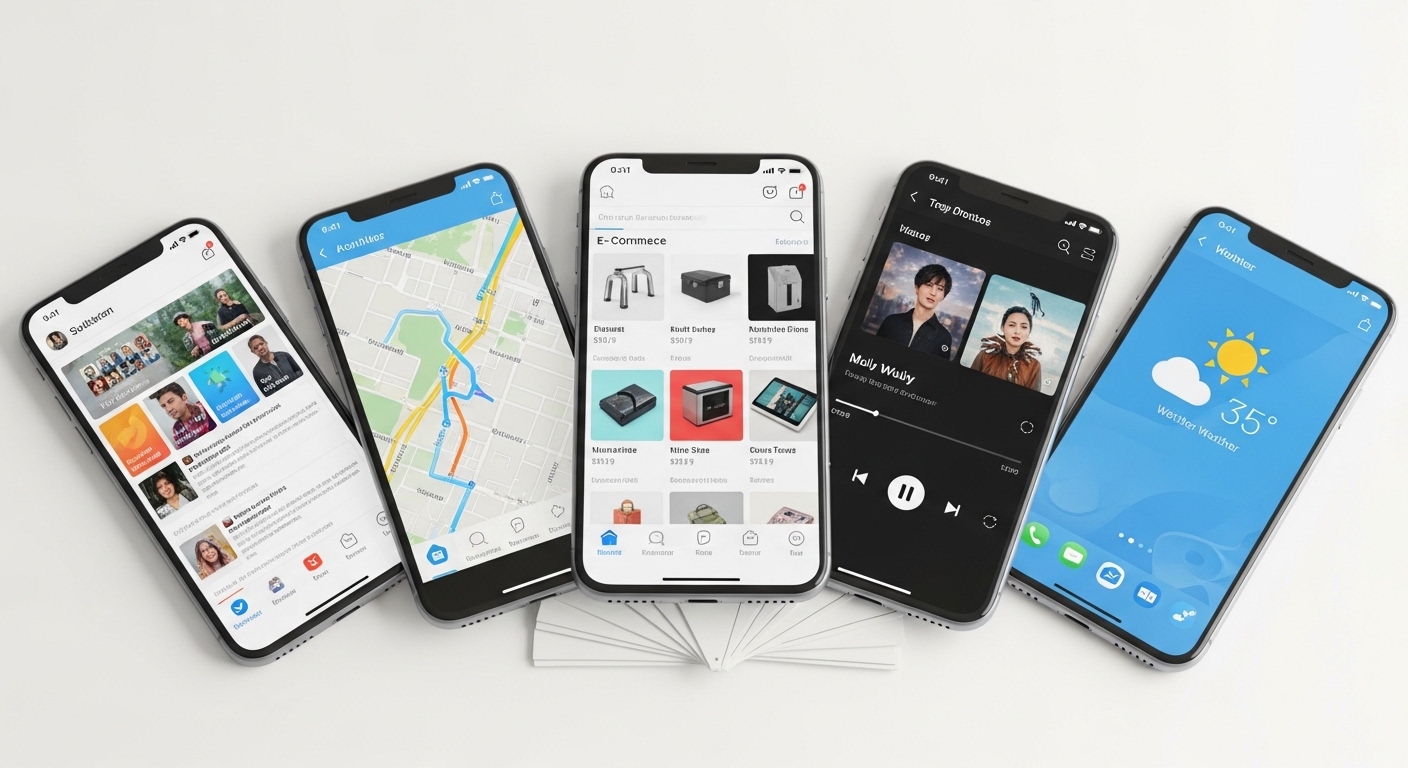 five smartphones arranged in a fan layout on white surface