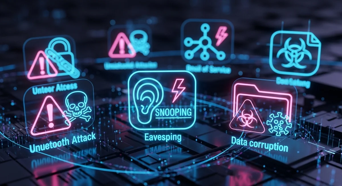 Security threats illustration showing Bluetooth attack types with red warning icons on dark background.