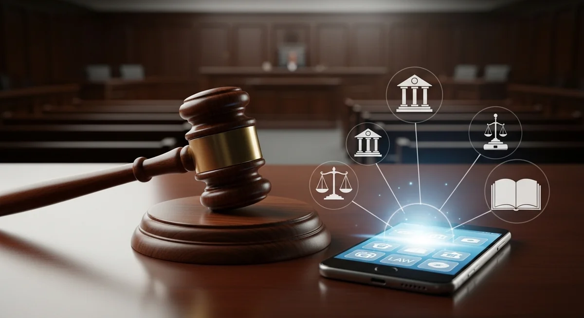 Gavel, smartphone, and warrant document representing lawful surveillance requiring judicial authorization.