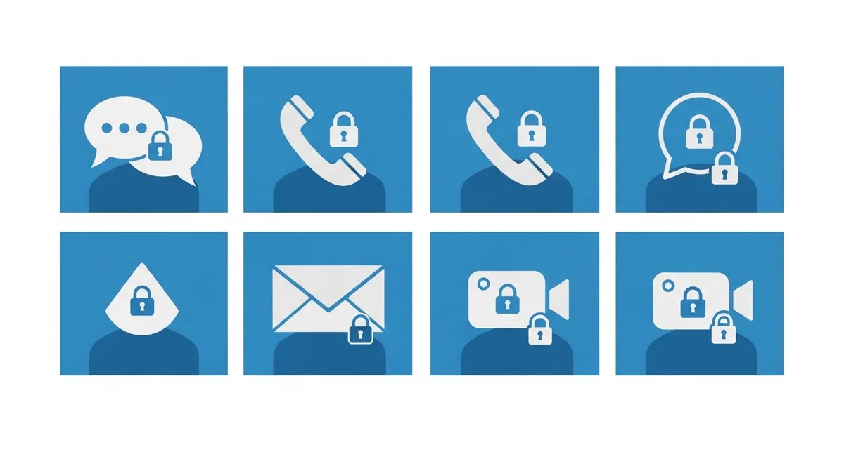 Grid of ten messaging application logos with encryption lock icons on blue background.