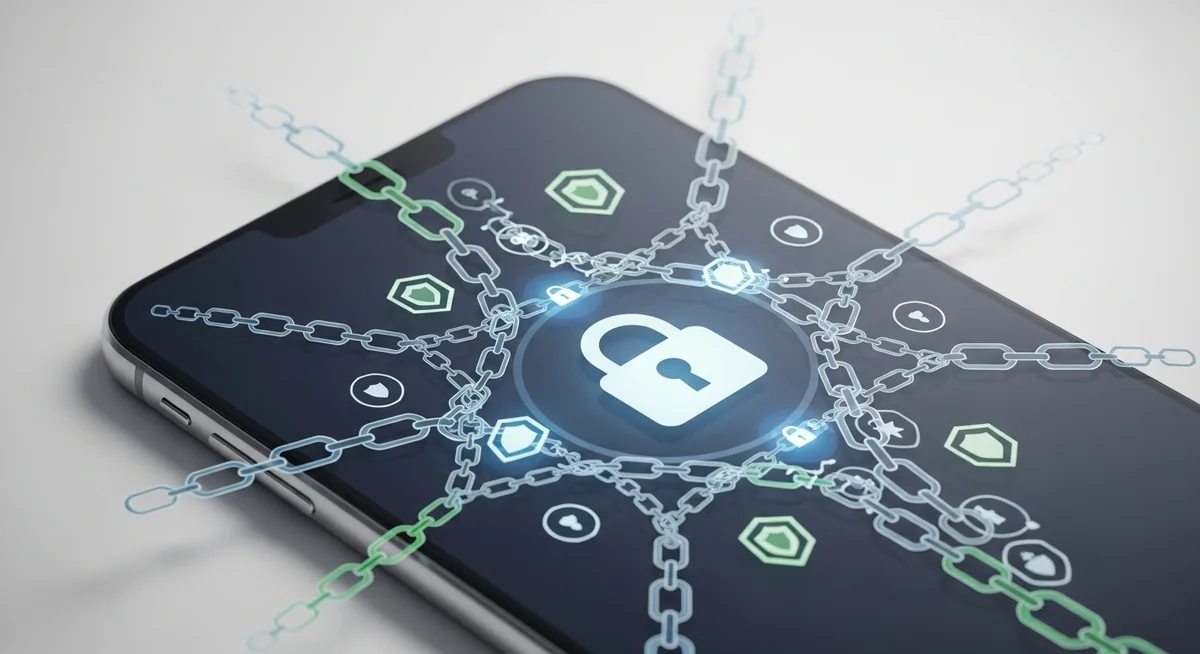 Smartphone surrounded by encryption chains and security shields with frustrated hand gesture indicating unbreakable protection.
