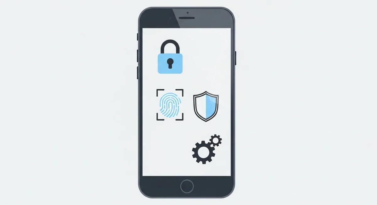Smartphone security dashboard displaying multiple protection layers in circular diagram including locks, biometrics, two-factor authentication.