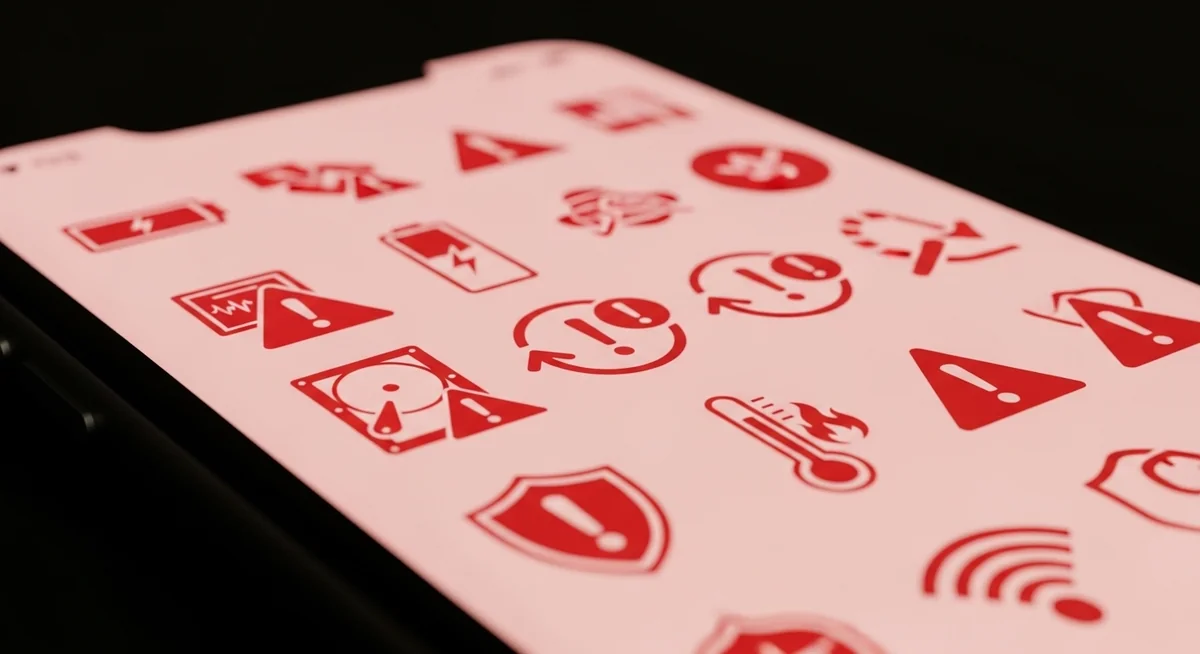 Smartphone screen displaying red warning indicators for battery, data usage, temperature.