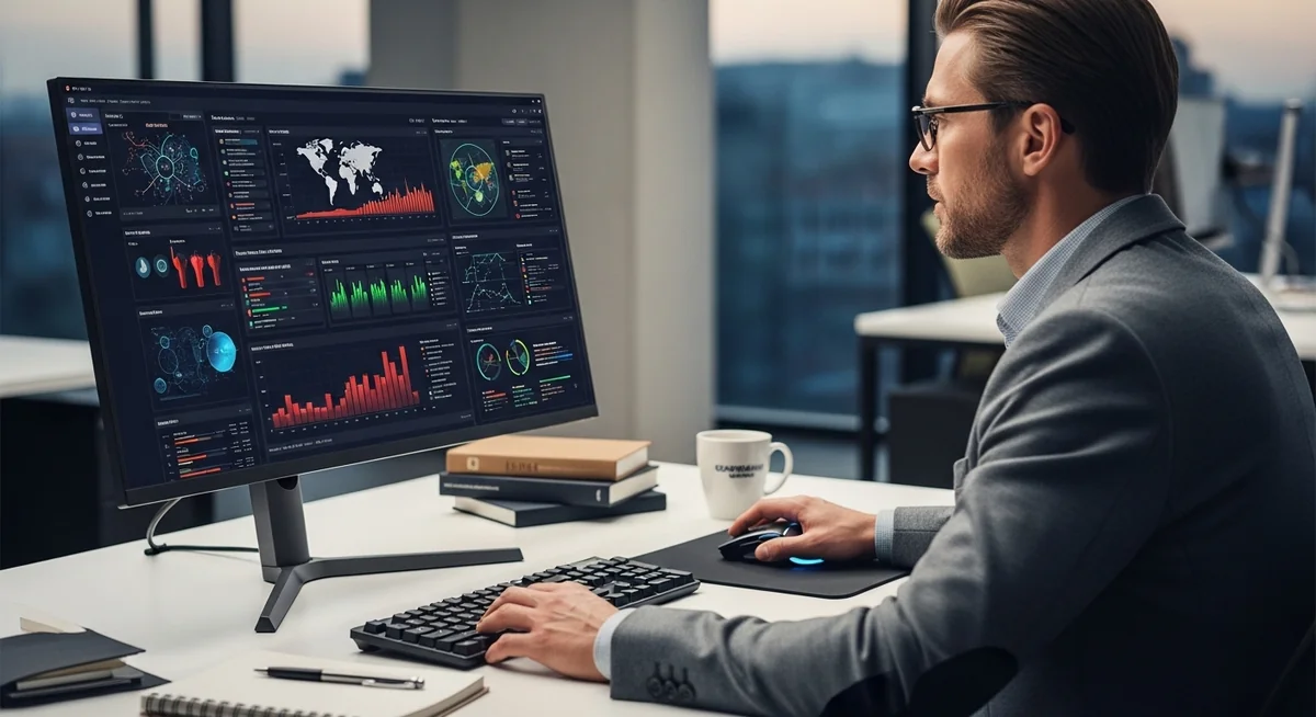 Cybersecurity expert at desk with multiple monitors showing security dashboards.