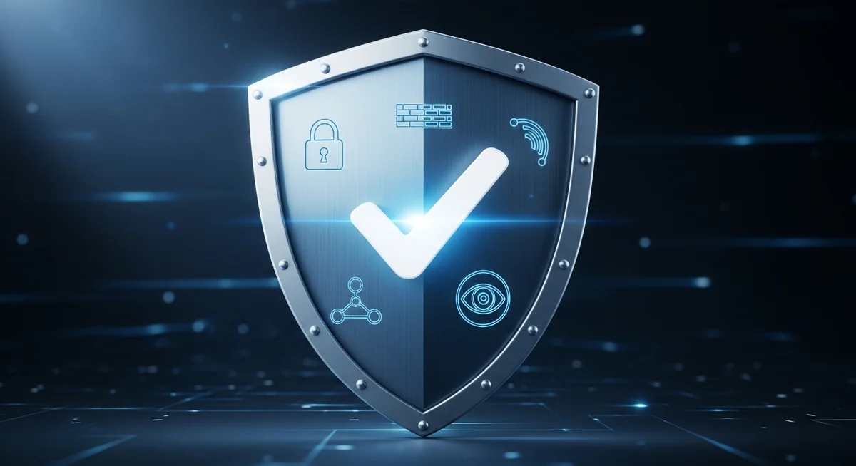 Shield with checkmark surrounded by lock, privacy toggles, and VPN symbols.