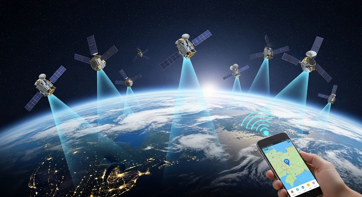 GPS satellite constellation orbiting Earth with stations and smartphone positioning signals.