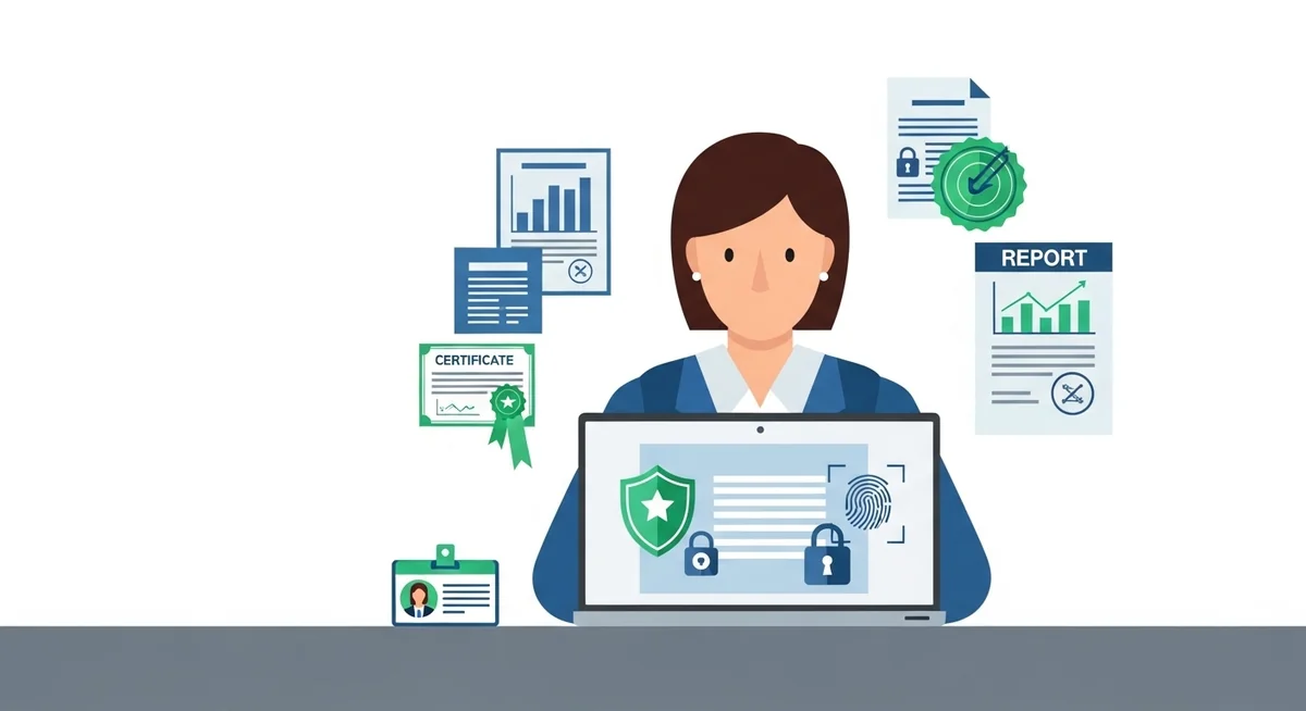 Professional woman reviewing compliance documents and privacy notices for authorized phone tracking services on laptop.