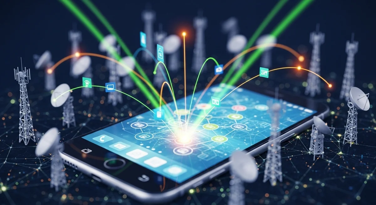 Network diagram showing cellular towers, GPS satellites, and Wi-Fi signals connecting to smartphone center.