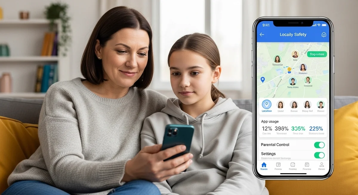 Parent and teenager viewing smartphone with Family Center interface showing safety features.