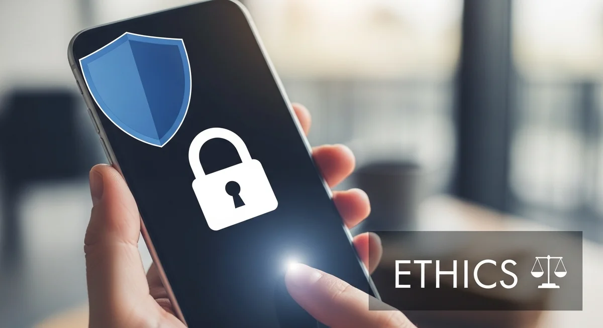 Privacy protection concepts showing locked device, password, shield, and ethical symbols.