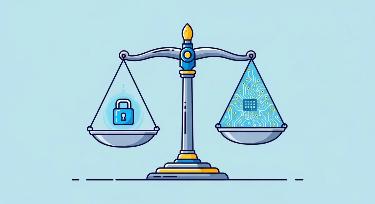 Scales of justice with legal documents and computer icons representing online privacy law compliance.