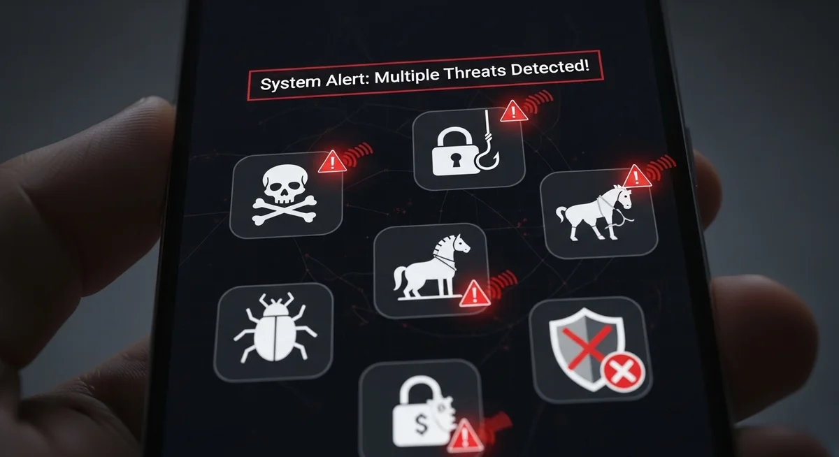 smartphone infected with malware showing warning signs
