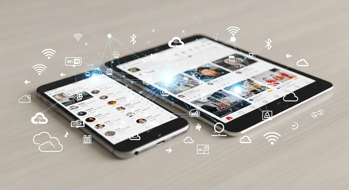Social media app icons displayed on connected smartphone and tablet devices.