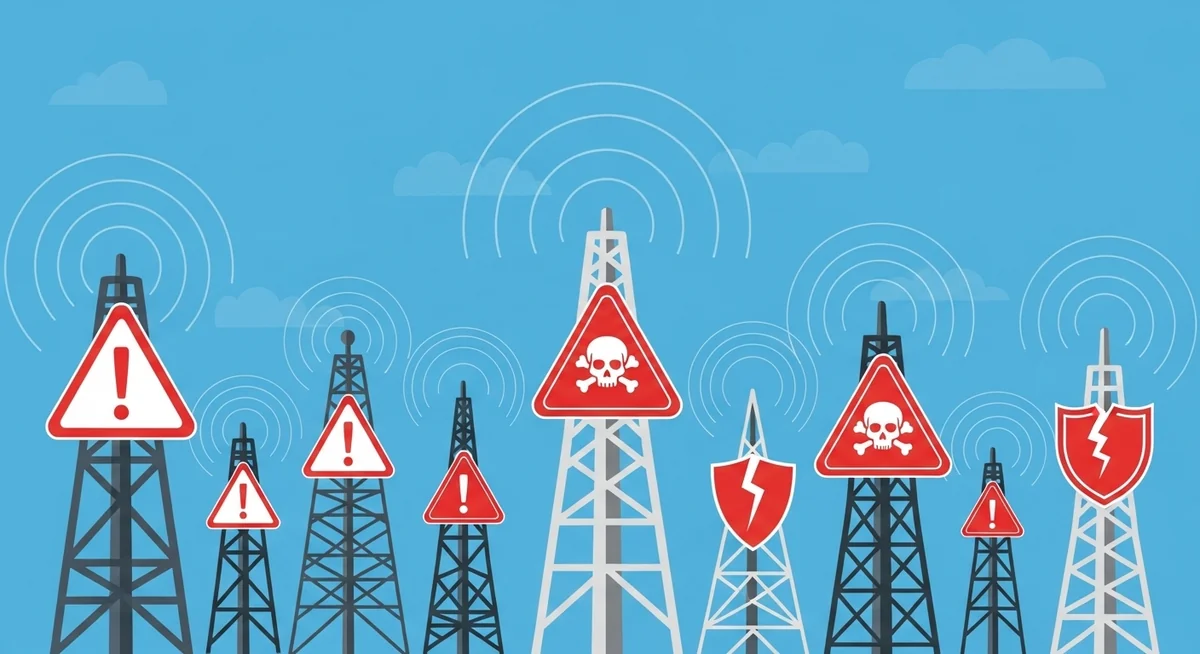 Telecommunications network showing cellular towers, SS7 signaling system, and security breach visualization.