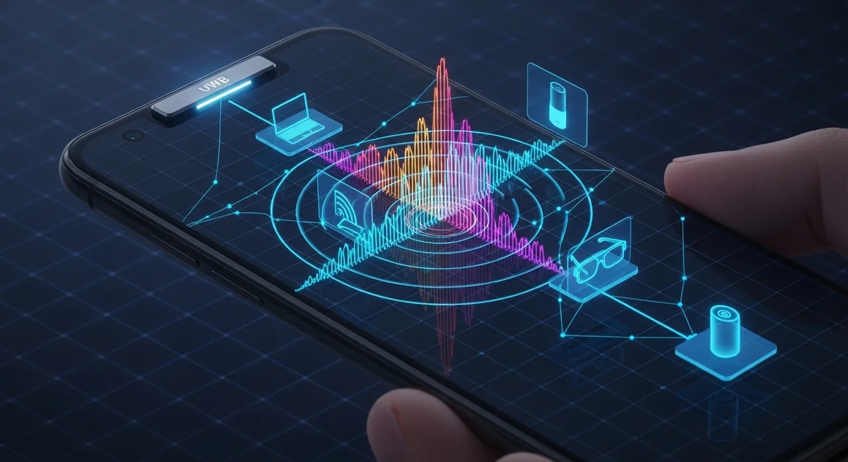 Smartphone showing ultra-wideband technology waves with neural networks and tracking data.