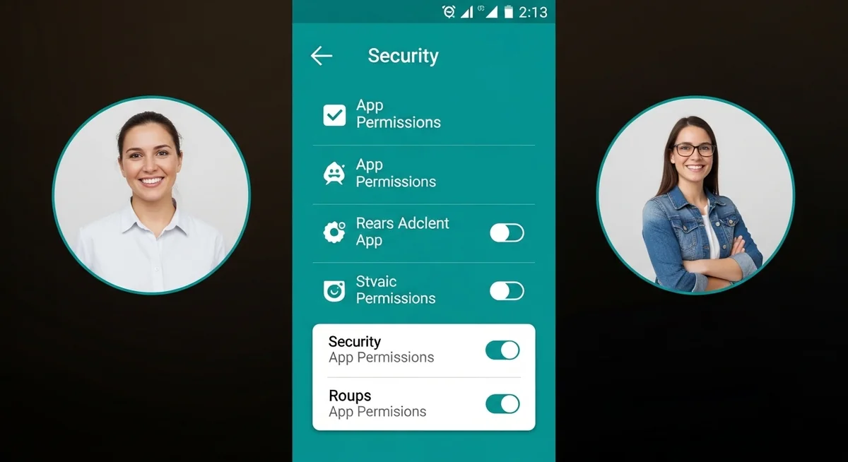 Android phone displaying permission controls, Google Play Protect scanning, and background app restrictions.
