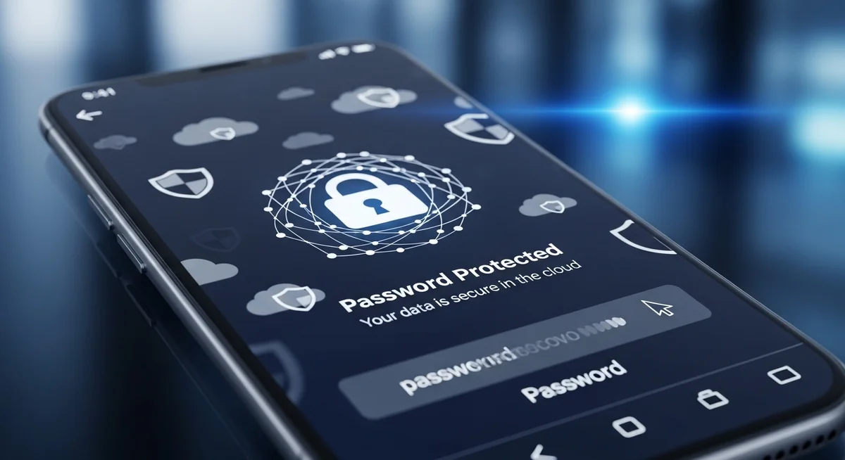 Cloud storage platforms with padlock symbols and warning indicators for credential theft risks.