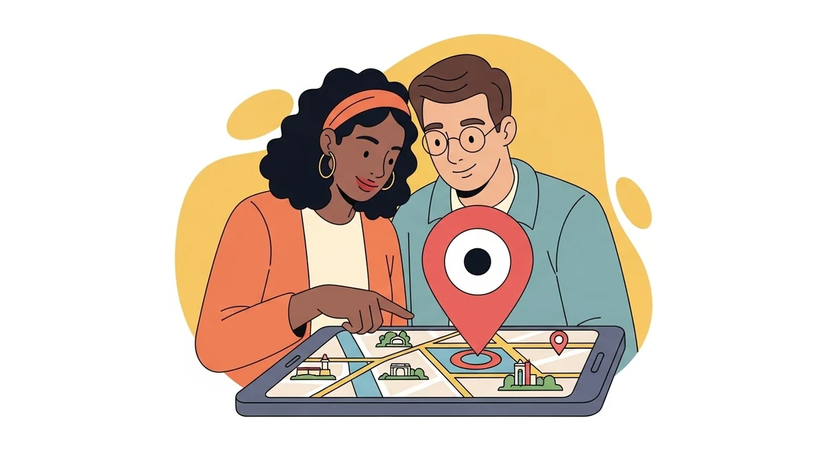 Two adults reviewing shared location map on smartphone showing real-time position in city
