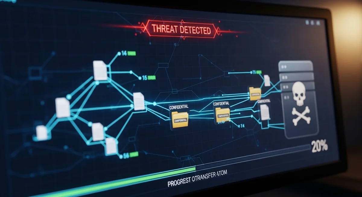 Computer screen showing massive data transfer in one of the biggest hacks — the Windows 2000 source code theft and file breach visualization.