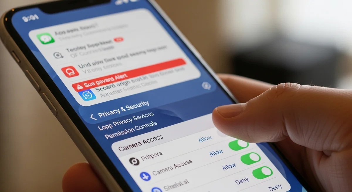 iPhone displaying security warnings, app sandboxing, encryption, camera access notifications, and security updates.