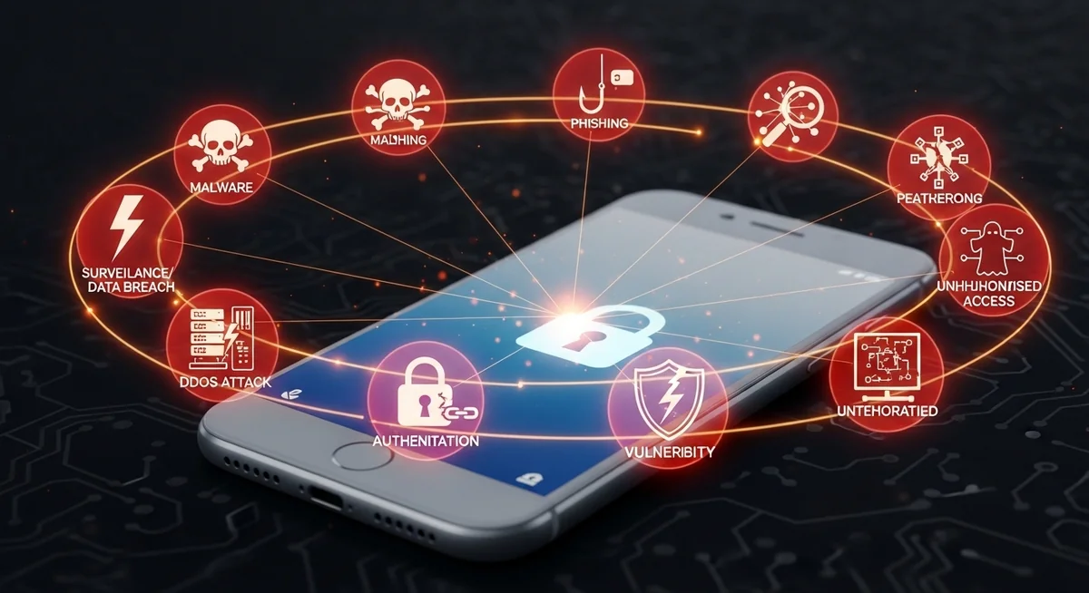 Multiple attack vectors targeting smartphones including malicious apps, Wi-Fi, USB, phishing, and Bluetooth.