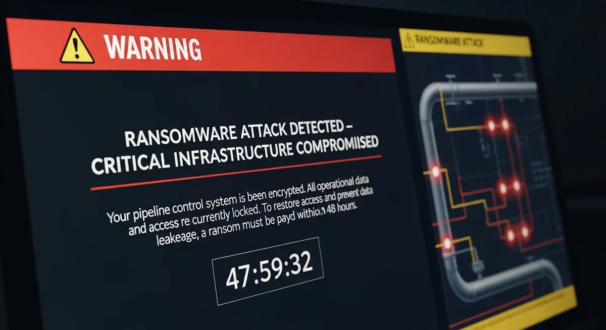 Ransomware attack on pipeline infrastructure — one of the biggest hacks targeting U.S. energy systems, showing warning alerts and fuel shortage impacts.