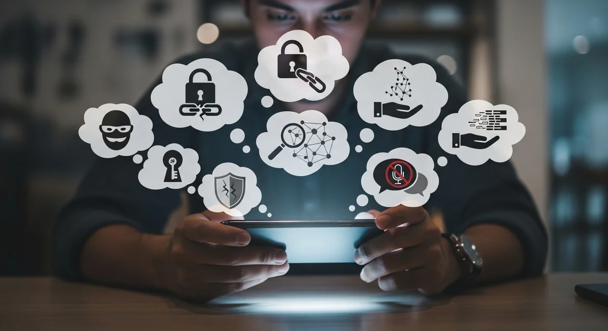 Person concerned about smartphone privacy with thought bubbles showing safety, infidelity, and competition worries.