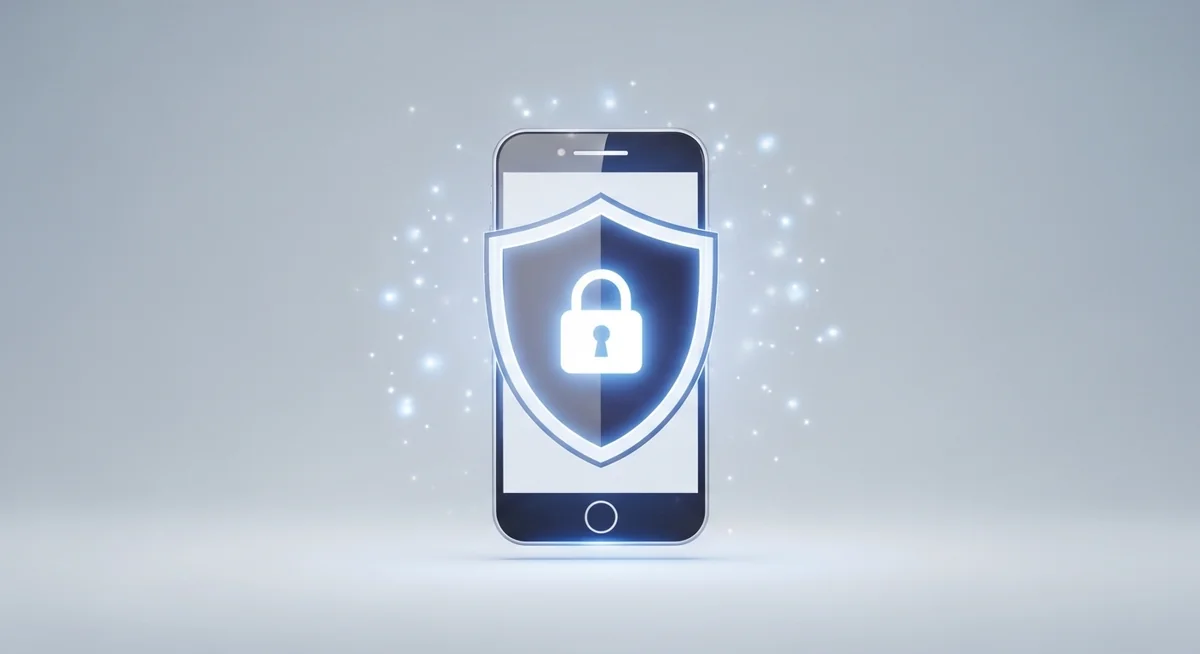 Smartphone with protective security shield surrounded by lock icon and software update features