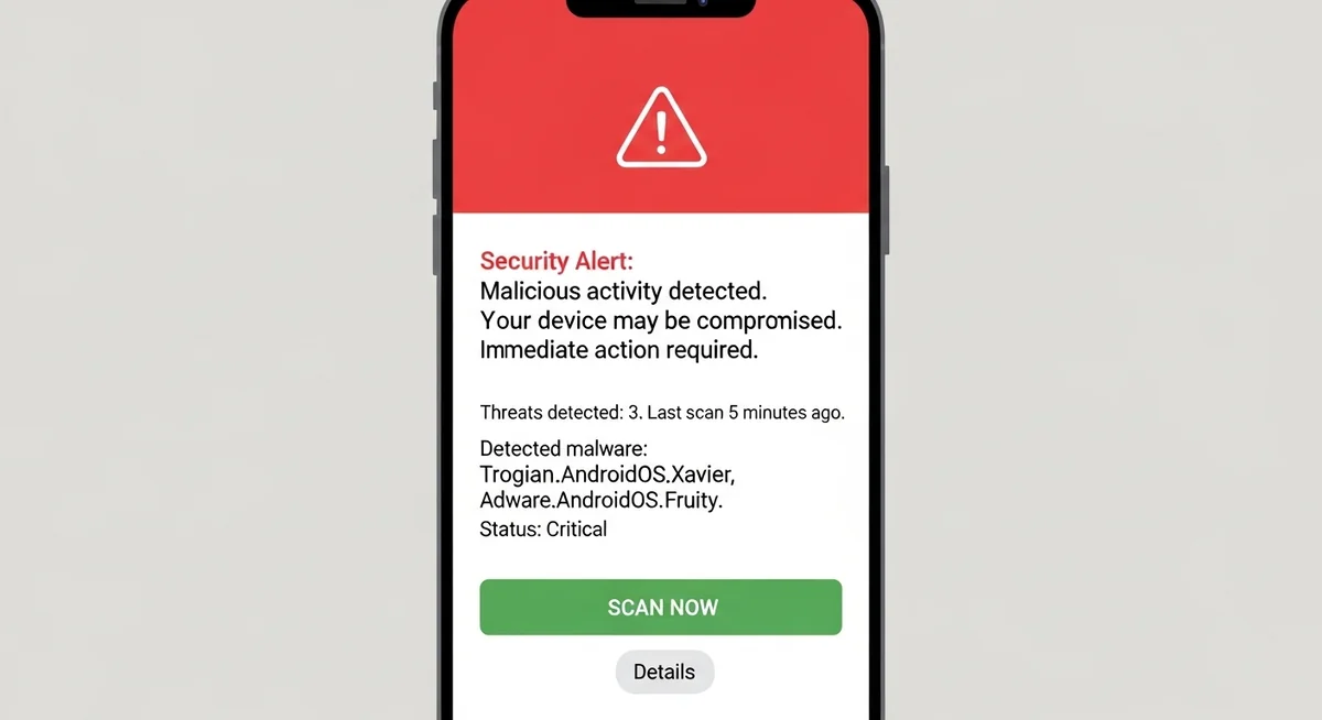 Smartphone diagnostic screen showing battery drain, data usage, unknown app, and security warnings