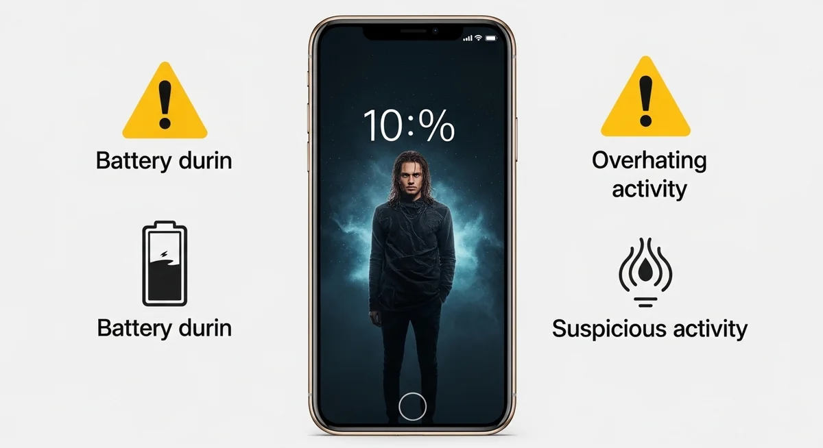 Smartphone warning indicators showing battery drain, overheating, slow performance, data spike, and suspicious apps.