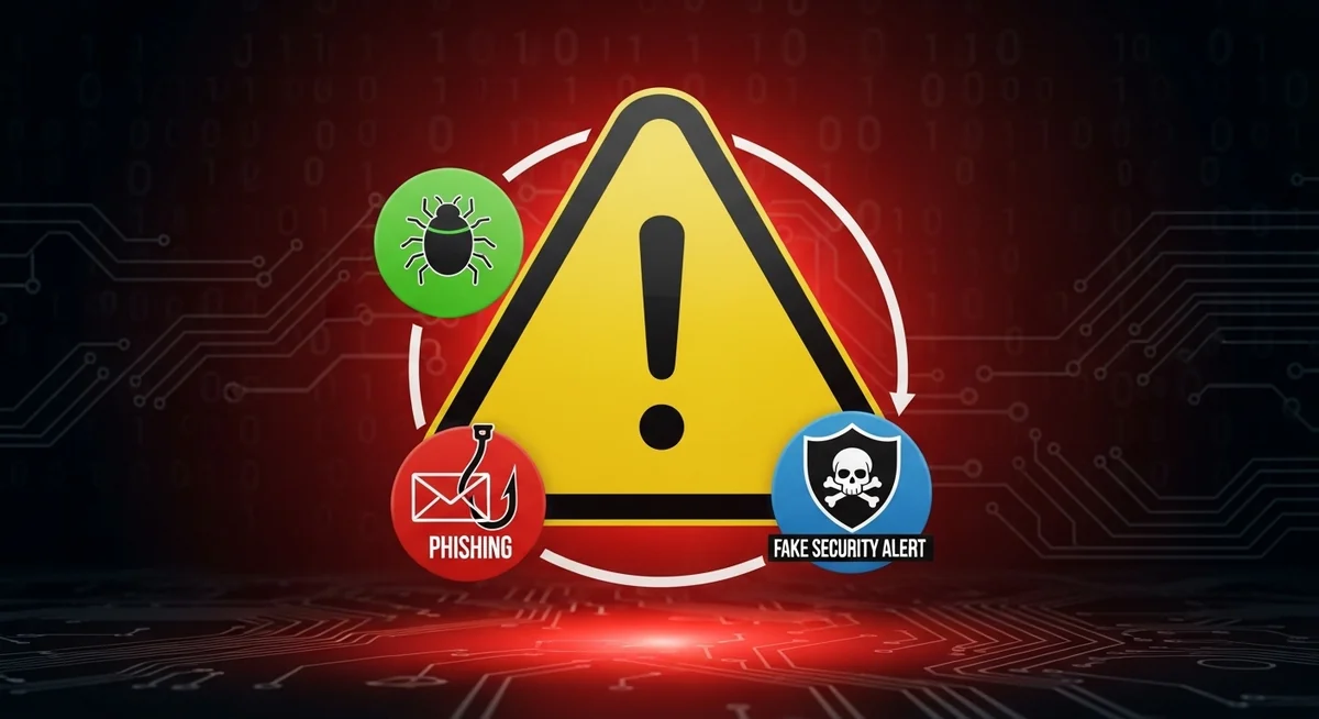 Warning symbol showing fake spyware ads, malware alerts, and phishing email detection examples.