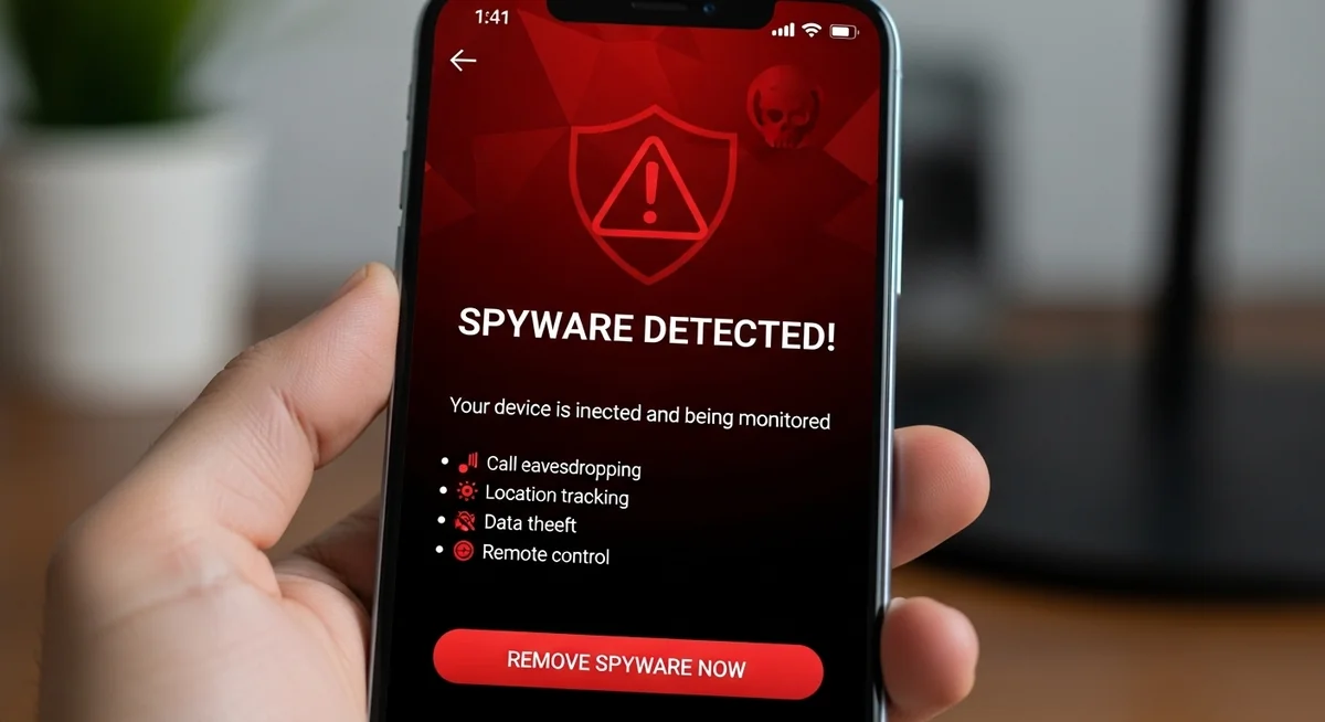 Spyware operation steps showing how attackers steal photos from a phone, including installation, configuration, monitoring access, and data storage.