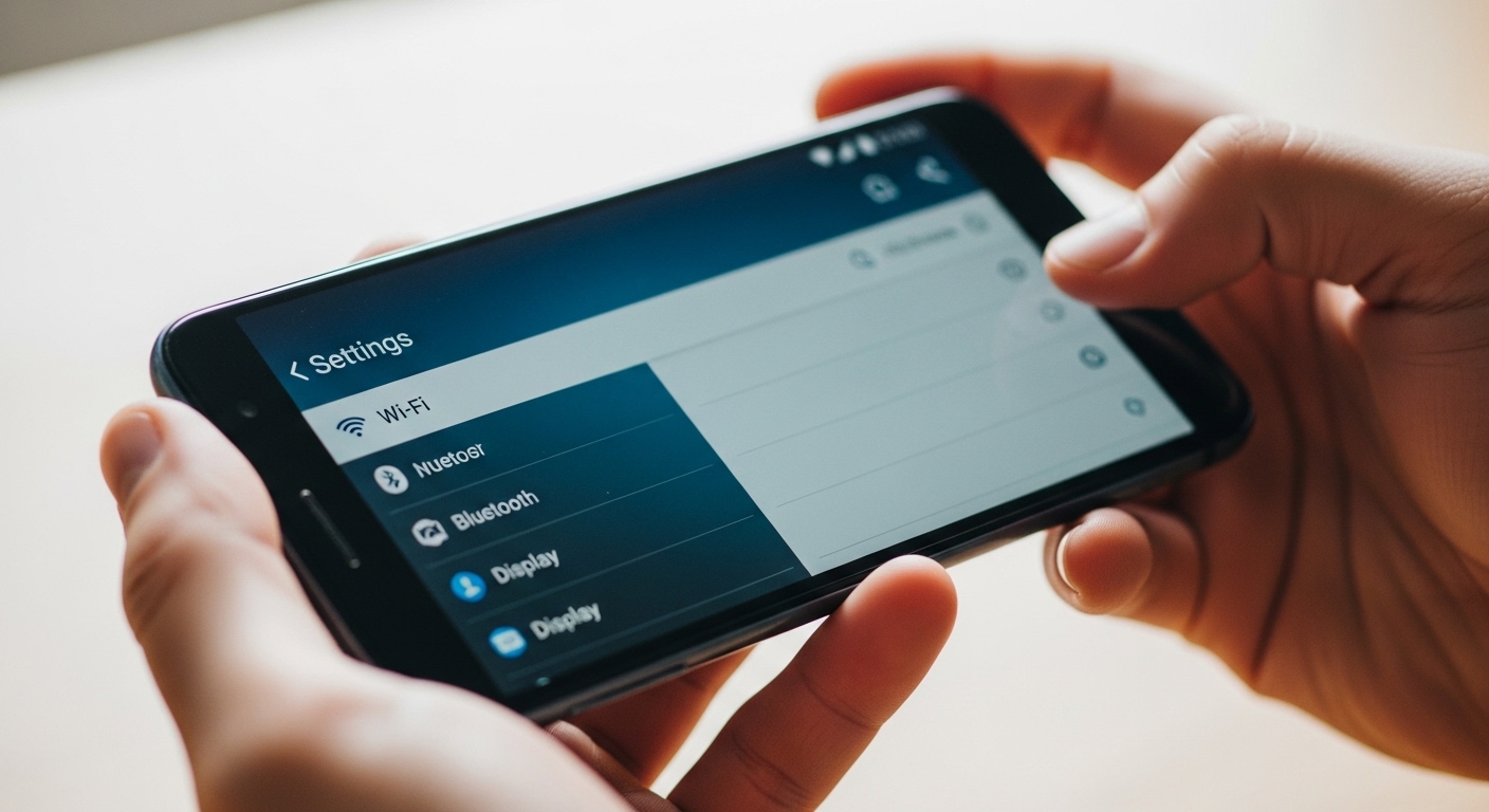 hands holding Android smartphone showing settings menu
