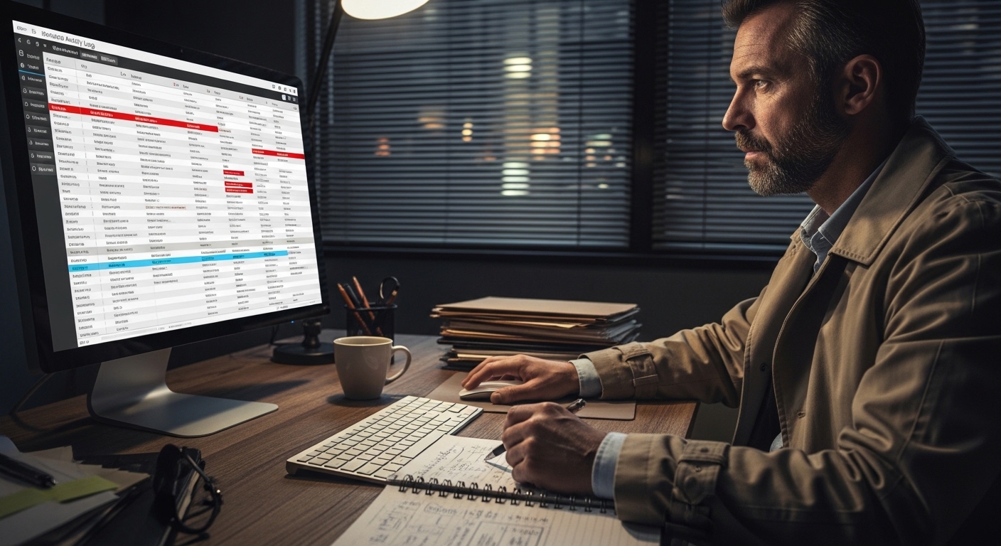 detective examining phone activity logs on computer screen