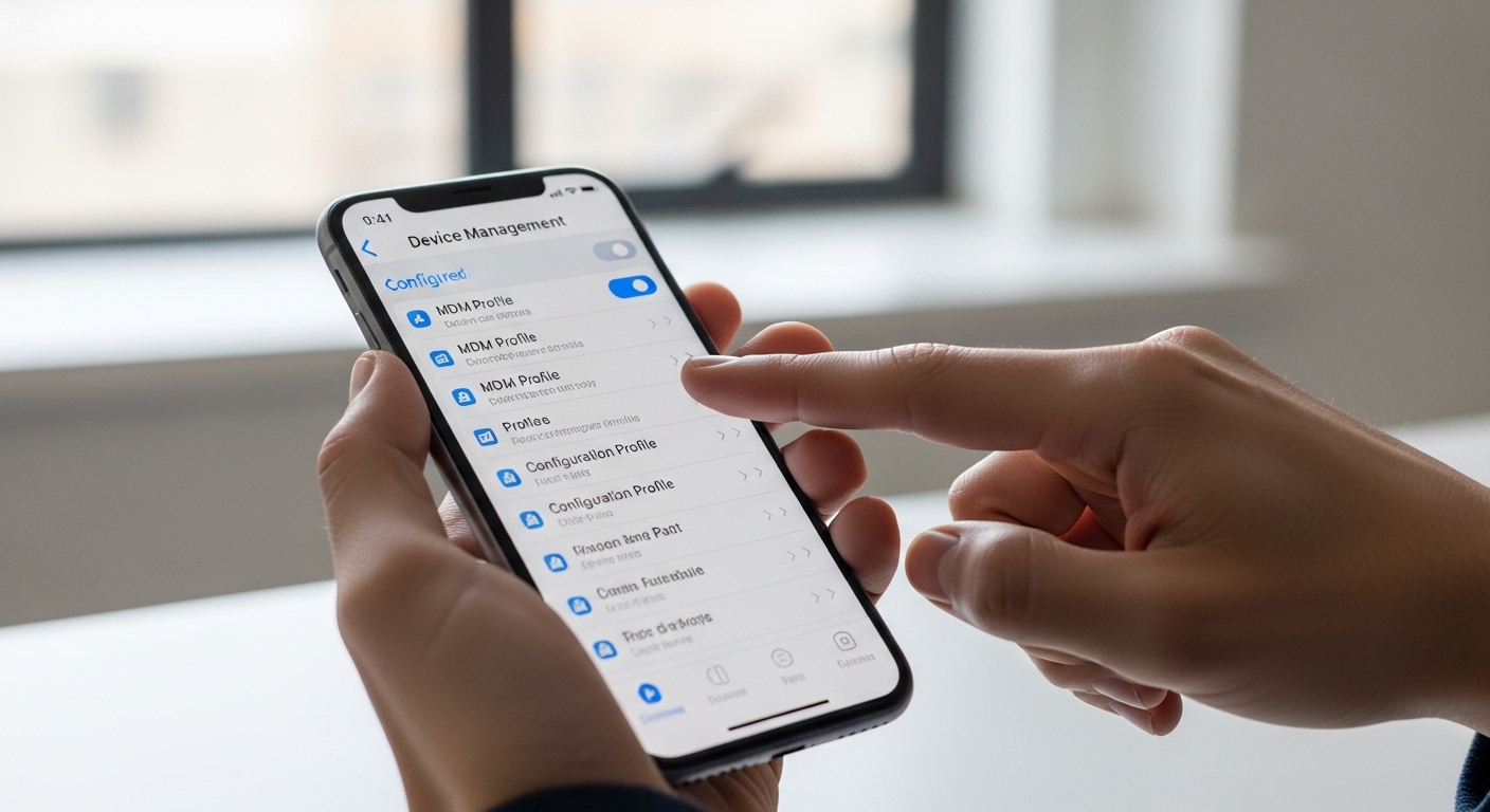 person examining iPhone settings showing device management profiles