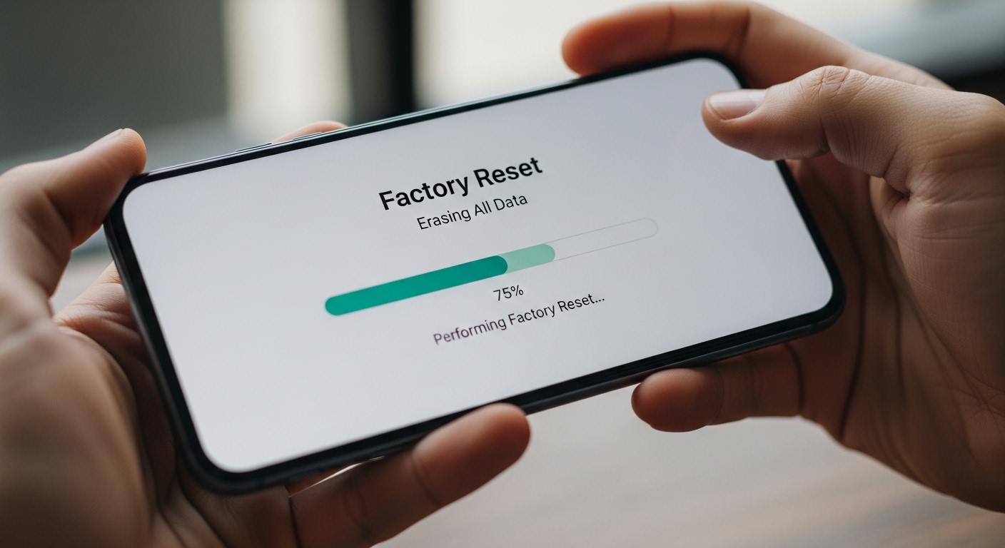 person performing factory reset on smartphone with progress bar