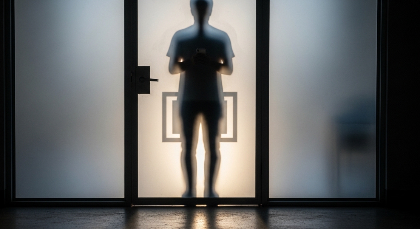 silhouette of person holding smartphone behind glass door