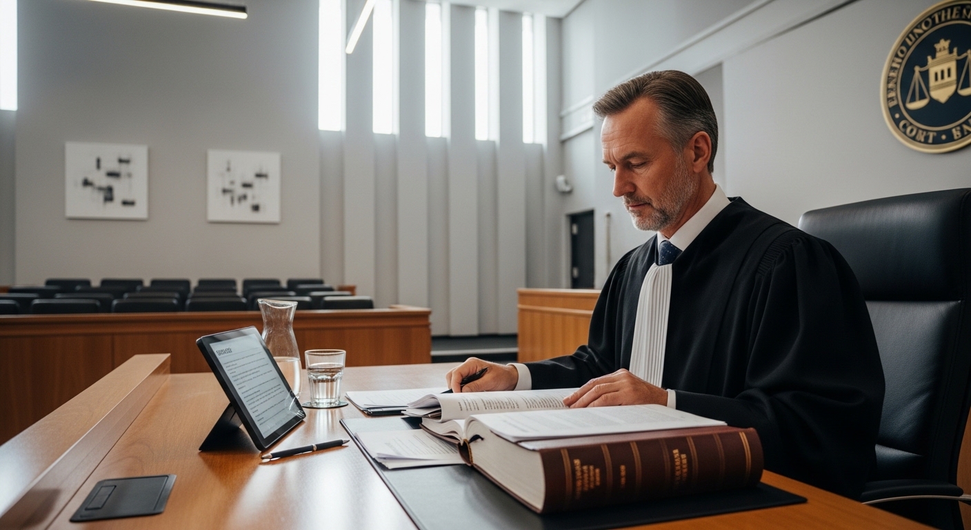 judge reviewing evidence documents in a modern courtroom