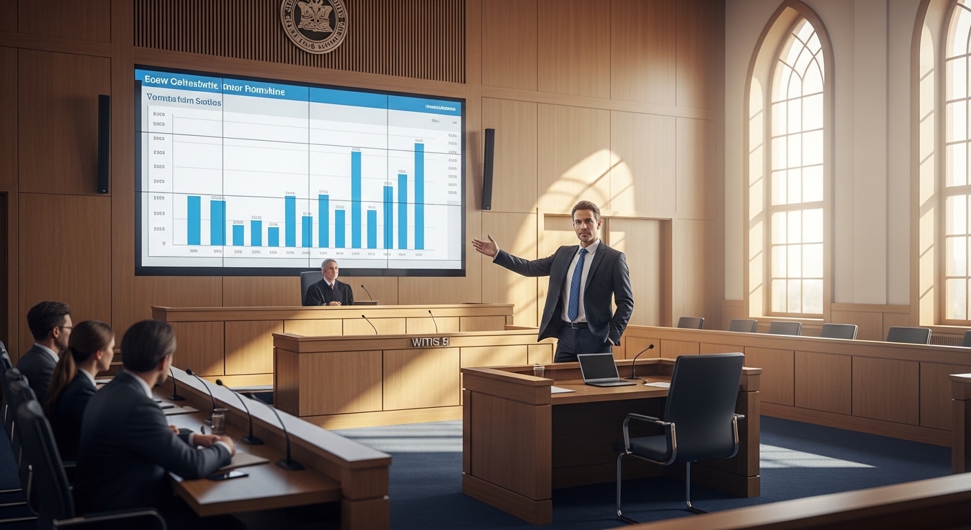 lawyer presenting a case with digital evidence on screen in courtroom